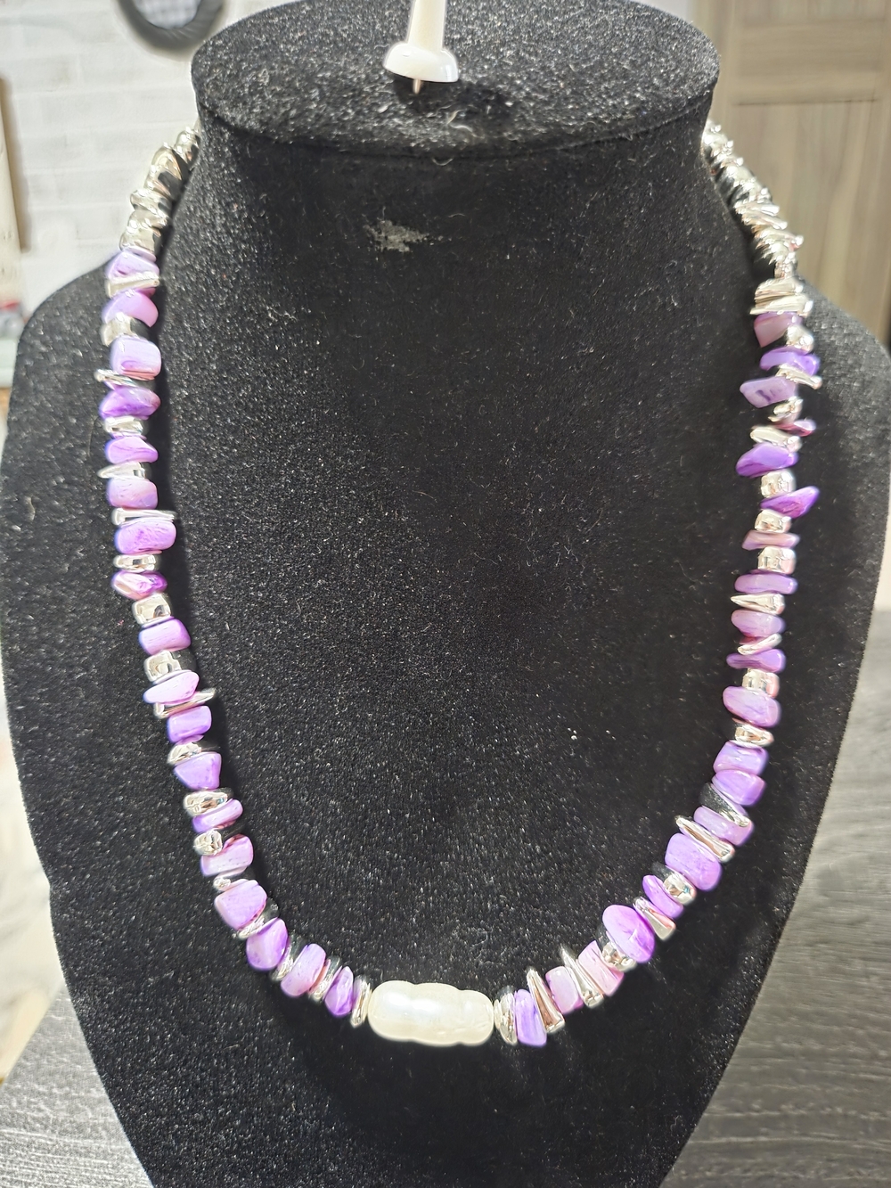 242#Purple Bead and Silver Accent Necklace with Pearl Center